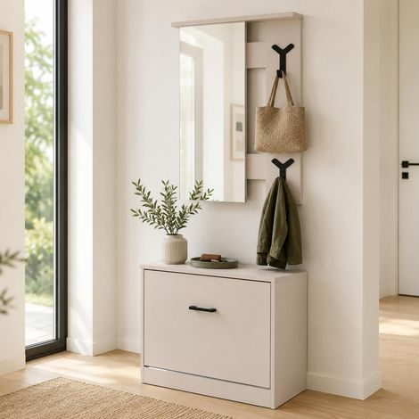 Vestiaire d'entrée beige avec meuble à chaussures et miroir ALVA (1/4)