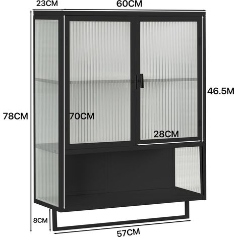 Meuble mural 2 portes en verre 60cm, moderne, rangement fermé 2 niveaux, étagère ouverte, porte-serviettes, pour entrée salon salle de bain cuisine, noir (1/5)