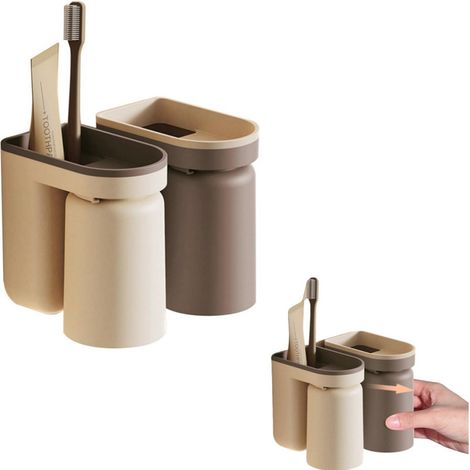 Ensemble porte-brosse à dents et gobelet 2 en 1 (lot de 2) - Porte-brosse à dents adhésif - Support mural - Écoulement inversé - Anti-poussière - Beige et marron - Salle de bain et maison (1/4)