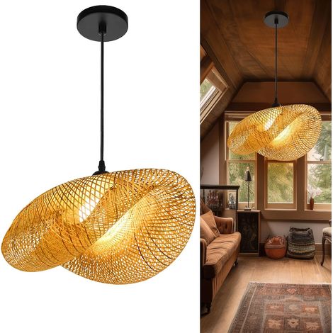 Lampe Pendante Lanterne en Bambou, Style Japonais Eétro E27 Luminaire Suspendu Plafonnier pour Salon Chambre Restaurant Café Salon de thé Bar Salle à Manger Club,50CM (1/5)