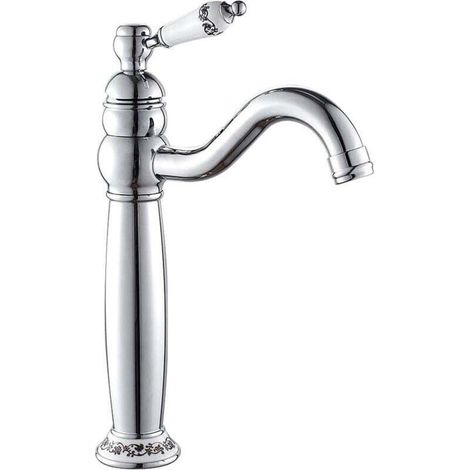 Mitigeur lavabo de salle de bain haute classique en laiton, robinet monocommande, haut poignée en céramique(argent) (1/4)