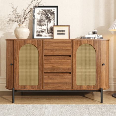 Buffet Bas Ovale en Bois et Rotin avec Portes Coulissantes et 3 Tiroirs, Meuble de Rangement Salon avec Étagères Réglables et Pieds Métal Noir – Style Noyer & Scandinave (1/5)