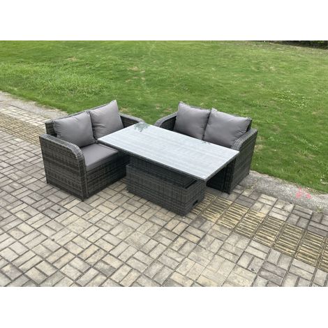 Fimous Outdoor Rattan Furniture Garden Dining Set Height Adjustable Rising lifting Table With  Love Sofa Dark Grey Mixed (1/5)