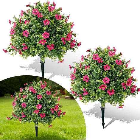 Lot de 2 boules topiaires artificielles réalistes – Plantes décoratives de buis 60cm – Résistantes aux UV – jardin, terrasse, intérieur ou entrée – Avec fleurs – Rose red (1/5)