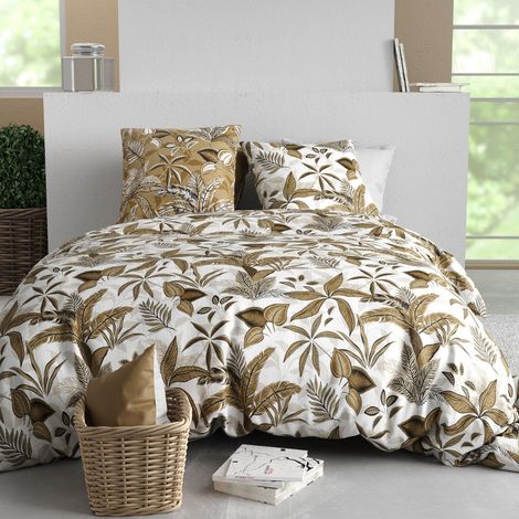 Parure housse de couette 260x240cm + 2 taies motif exotique blanc et beige 100% coton - NAHELI (1/4)