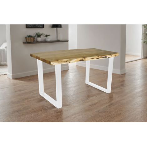 Esstisch Baumkante Akazie massiv eichenfarben 140 x 80 U-Gestell weiß CALI (1/5)