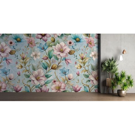 Papier peint fleuri - hortensias bleus rétro - 150 x 250 cm (1/2)