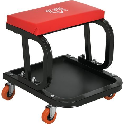 Tabouret d'Atelier Rembourré avec Roulettes et Plateau Porte-Outils en Acier et PU, 38x35x37cm, Rouge (1/5)