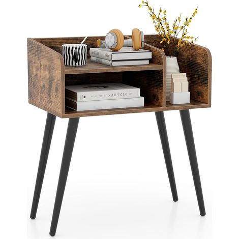 COSTWAY Comodino 50 x 32 x 58cm, Tavolino Moderno con Mensole Aperte, Gambe in Metallo e Poggiapiedi Regolabili, Comò Ideale per Soggiorno e Camera da Letto (Marrone,1) (1/5)