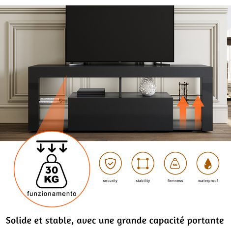 SIRHONA Meuble TV LED Noir avec 2 Compartiments et 1 Portes Bois, Meuble Télé avec Rangement en Verre LED éclairage RVB 16 Couleurs,140 cm