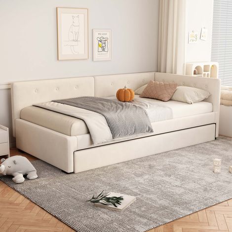 Daybed 90x200 cm en velours beige avec lit gigogne extensible, canapé-lit, sommier à lattes inclus, sans matelas, lit d'appoint (1/5)