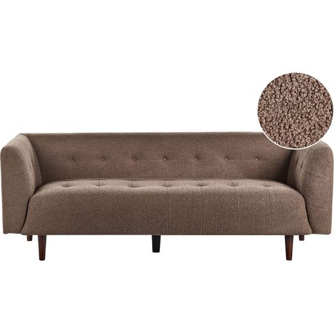 Divano moderno a 3 posti imbottito in tessuto Boucle Divano con gambe in legno e schienale con bottoni Marrone Byske