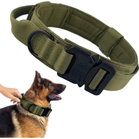 Collier Militaire pour Chien avec Poignée Réglable en Nylon pour Chien de Taille Moyenne et Grande Taille avec Boucle en Métal Robuste, Collier Noir pour Chien, Taille XL 50-59CM (vert)