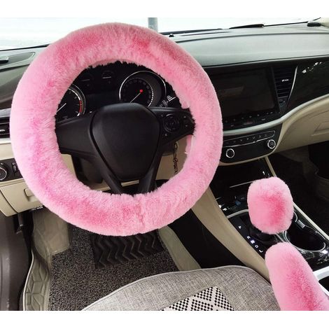 Housses de volant, de levier de vitesse et de frein à main pour voiture - Ensemble de 3 pièces (rose) - Fourrure épaisse universelle, chaude et moelleuse pour l'hiver (1/5)