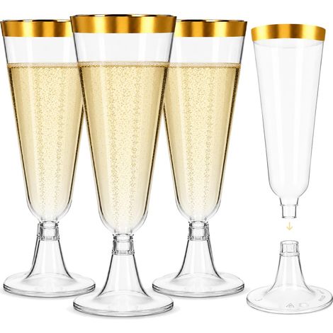 Lot de 25 flûtes à champagne en plastique avec bord doré, verres à champagne empilables, réutilisables, pour réception de champagne, fête, mariage, anniversaire (1/5)