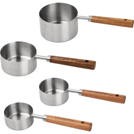 4 Cuillères et Tasses à Mesurer en Cuivre Acier Inoxydable, Cuillere Doseuse avec Manche en Bois, Cuisine Mesure Cup Poli Miroir pour Pâtisserie Cuisson Café Thé Sec Liquide Ingrédients (Acier Inox) (1/5)
