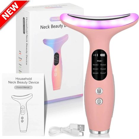 (Rose) Appareil de beauté pour le cou à LED 7 couleurs avec mode lumière vibrante outil de lifting du visage et de raffermissement du cou. (1/5)