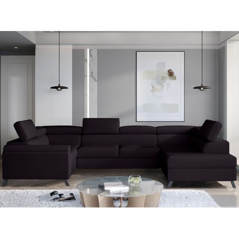 Canapé panoramique convertible SKADA velours – Rangement et appuis-têtes réglables à droite-Noir-Coffre à droite (1/5)