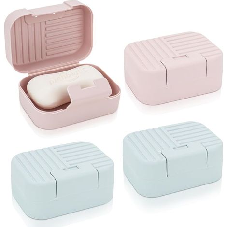 Tragbare Reiseseifenschale mit wasserdichtem Kunststoffdeckel für Dusche, Badezimmer, Reisen, Camping, Fitnessstudio (4er-Set (blau + rosa)) (1/5)