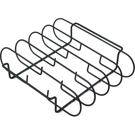 (Negro) Soporte de metal para costillas a la parrilla, soporte para costillas ahumadas a la parrilla, soporte para pollo a la parrilla para asar filetes, costillas y pollo a la parrilla