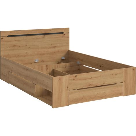 Canu Bett 140x200 cm 3 Schubladen grau, Eiche Dekor.