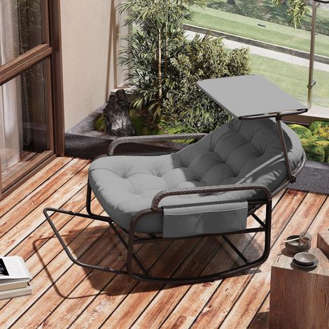 Sillón mecedora de ratán y metal - con cojín, reposapiés y parasol plegables, respaldo ajustable - carga máxima 300 kg - gris (1/5)