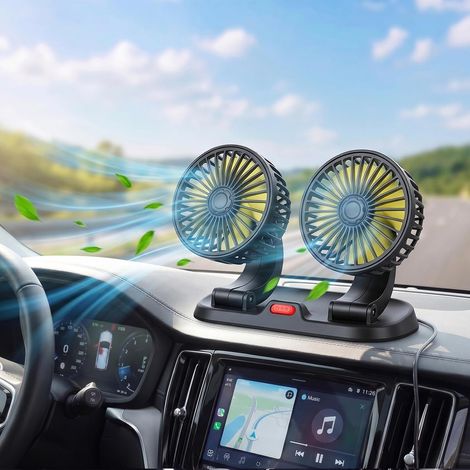 Ventilatore per auto, 12V a doppia testa, rotazione a 360°, 2 velocità, con spina accendisigari, per SUV, camper, veicoli di bordo, camion (1/4)