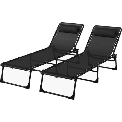Lot de 2 bain de soleil transat pliable dossier inclinable multi-positions acier lacets élastiques textilène noir