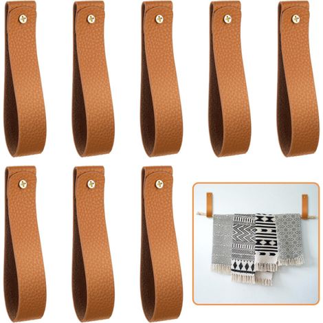 Lot de 8 poignées de meubles en cuir marron de 2,5 x 11 cm – poignées de placard, poignées de porte pour cuisine, salle de bain, armoire, commode, bois (1/5)