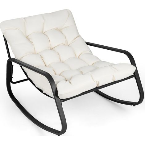 Fauteuil à bascule de jardin grande taille beige, cadre métallique, coussin épais 13 cm amovible, charge maximale 205 kg pour terrasse, balcon et salon