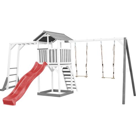 Axi Beach Tower Aire De Jeux Avec Toboggan En Rouge, Cadre D'Escalade, 2 Balançoires & Bac À Sable Grande Maison Enfant Extérieur En Gris & Blanc Cabane De Jeu En Bois Fsc