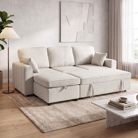 Canapé d'angle convertible beige, canapé-lit modulaire 3 places 225cm en tissu chenille, avec pouf coffre de rangement, pour salon spacieux (1/5)