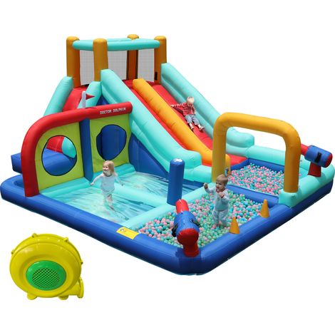 Kinderhüpfburg mit 450W Gebläse, Aufblasbarer Wasserpark für Garten, Wasserschloss mit Doppelrutsche & Kletterwand, Nass/Trocken, 3-8 Jahre