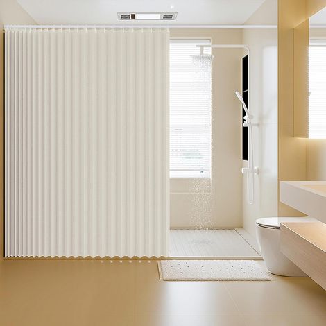 Rideau de Douche Magnétique Pliable Imperméable avec Crochets, Résistant aux éclaboussures, Rideaux de Douche en Polyester Lin pour Salle de Bain, Beige, 180x200cm (1/5)