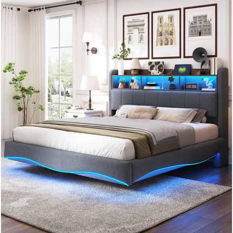 Polsterbett mit LED, USB/Typ-C und Stauraum 160x200 Grau OKMYHOME (1/5)