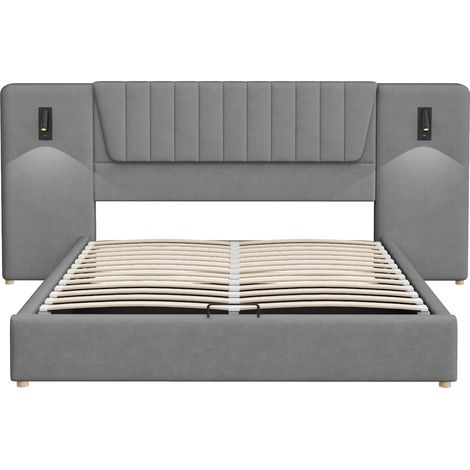 Lit capitonné 180 x 200 cm gris avec tête de lit haute, lampes USB et coffre (1/5)