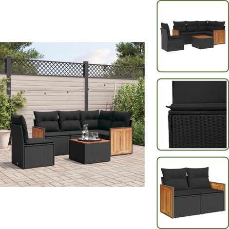 The Living Store Set de sofás de jardín 6 piezas y cojines ratán sintético negro - Cojines de jardín