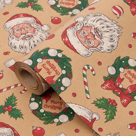 Kindfiber OÜ-Rouleau de 3 m de papier cadeau pour Noël, 43 cm de papier cadeau Kraft recyclable imprimé avec le Père Noël pour la décoration (1/5)