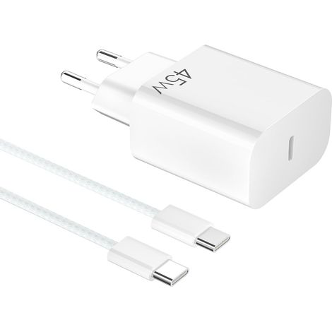 Cargador Rápido USB C GaN de 45W - Cargador Rápido de Red con Enchufe USB C para Smartphone 17/16/15 Pro MAX/S25/S24/S23 Tabletas Tipo C Adaptador de Pared Punta Cargador Rápido, Cable Tipo C de 60W 1 (1/5)