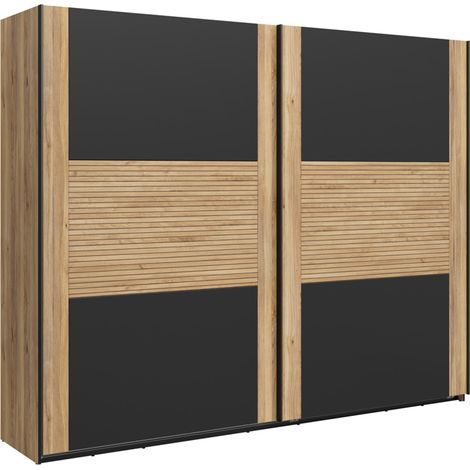 Armoire 2 portes coulissantes avec 3 espaces penderie et 3 étagères supérieures coloris Chêne mauvella / chêne Tegola - Longueur 269,9 x Profondeur 60,6 x Hauteur 218 cm (1/5)