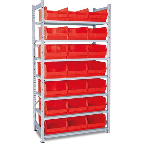 BRB Steckregal, verzinkt, mit 7 Böden, Tiefe 515 mm, bestückt mit 21 Sichtboxen LB 2/21 Liter, rot (1/2)