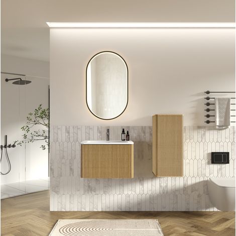 Meuble de salle de bains avec vasque, miroir LED et colonne, 60 cm, chêne OKMYHOME (1/5)
