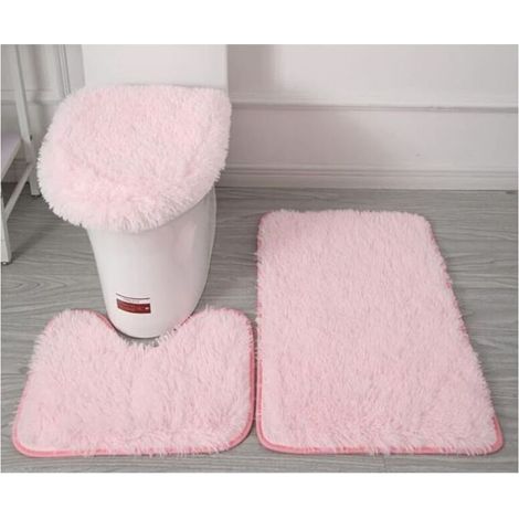 Tapis contour WC Lot de 3 tapis de salle de bain doux en microfibre - Antidérapants - Avec revers clouté en flanelle PVC - Tapis de bain + tapis contour WC + housse pour abattant - Rose