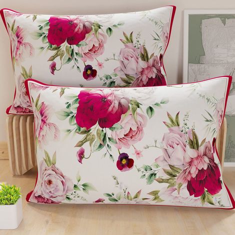 Lot de 2 Taies d'Oreillers 50x30 cm 100% Microfibre Hypoallergénique, Housse Oreiller Rectangulaire Floral Blanc Bordeaux, Paquet de 2