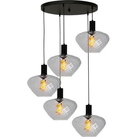 Suspension loft 5 lumières - noire - Porto avec verres transparents Blossom - 2712-05-05-50-5-7 (1/3)