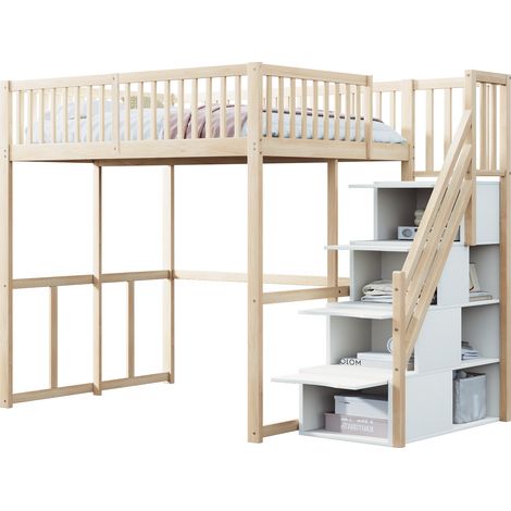 Lit mezzanine 140 x 200 cm en bois clair avec échelle de rangement, garde-corps, 15 lattes, pour enfant, ado et adulte, gain de place - CHICFURN (1/5)
