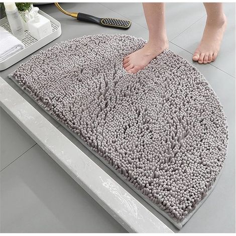Tapis en polaire de polyester doux, semi-circulaire, très absorbant, antidérapant et lavable en machine, 50 x 80 cm, gris clair. (1/5)
