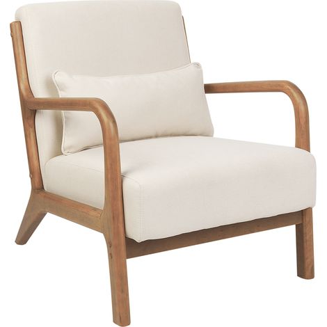 Sillón retro clásico con reposabrazos y cojín patas de madera de caucho tela beige claro Skovde