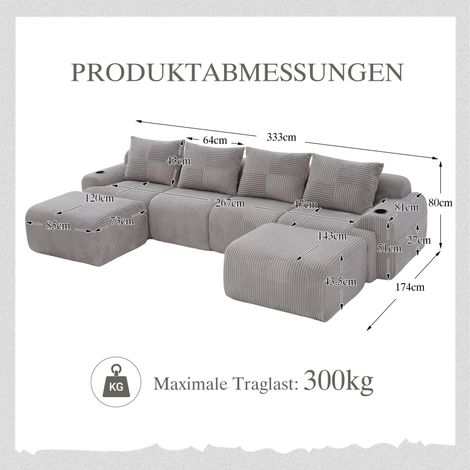 Canapé modulaire velours côtelé 4 personnes avec 2 tabourets combinable librement porte-gobelet sac rangement latéral salon familial-Ha. (1/5)