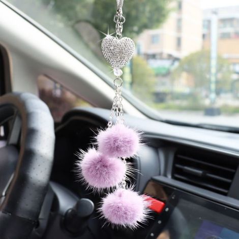 Décoration Rétroviseur - Cœur Strass Pompon Rose - Pour Voiture Intérieur - 1 Pièce (1/5)